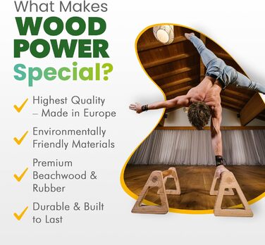 Дерев'яні бруси WOODPOWER PowerBars XL для віджимань, гімнастики та йоги, нековзні паралети для вправ з вагою тіла, 2 шт.