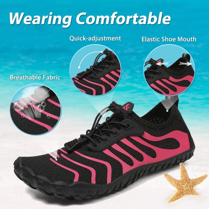 Водні черевики для плавання та відпочинку на пляжі: чоловічі та жіночі, швидко сохнуть, з дренажними отворами. Ідеально для басейну, моря, каякінгу та фітнесу. Розміри 36-46 EU (37 EU, чорний, рожево-червоний)