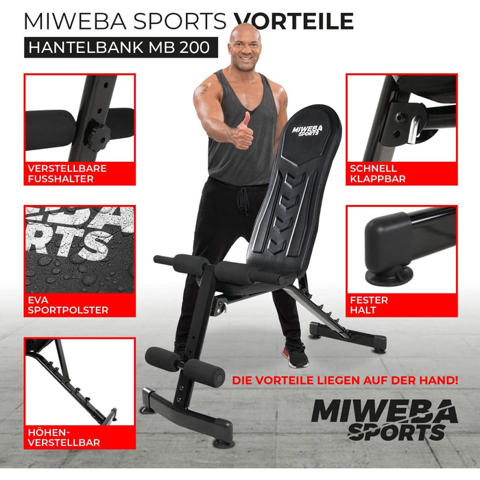 Складна фітнес-лава Miweba Sports MB200, 200 кг, регульована спинка, універсальна тренувальна лава для пресу, силових вправ, штанги, похила і пряма, преміум-якість