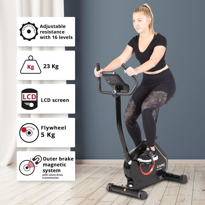 Велотренажер Care Fitness CV-5560 з магнітним гальмом, 21 програма, ремінний привід, 16 рівнів навантаження, маховик 7 кг