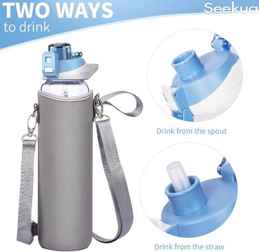 Скляна спортивна пляшка Seekua 1 л з трубочкою і часовою розміткою, BPA Free, герметична, з чохлом, для води, смузі, фруктів, газованих напоїв