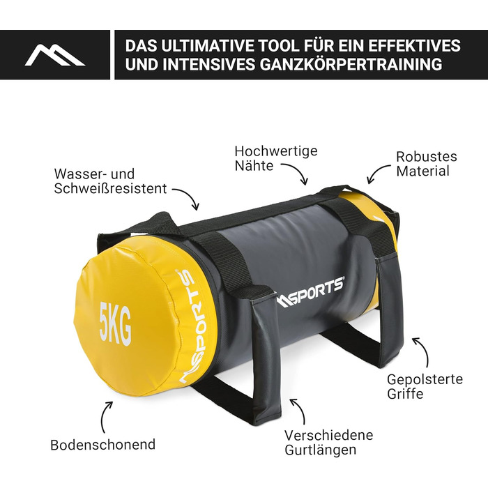 MSPORTS Power Bag Premium 5-30 кг — мішок для фітнесу, вага 5 кг, функціональний пісочний мішок для тренувань
