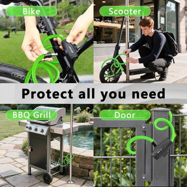 Замок для велосипеда 120см/12мм, високий рівень безпеки, кабельне спіральне кільце з 2 ключами, анти-крадіжка, для велосипеда, триколісного велосипеда, мотоцикла, скутера (зелений)