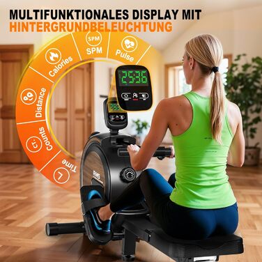 MettleMatic Веслувальний тренажер для дому, складаний, Bluetooth, 16 рівнів опору, великий підсвічуваний дисплей