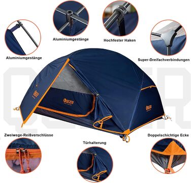Намет кемпінговий купольний Campingzelt на 1-2 особи, водонепроникний, вітростійкий, 3-4 сезони, 1.85/2.3 кг, для туризму, кемпінгу та активного відпочинку (синій)
