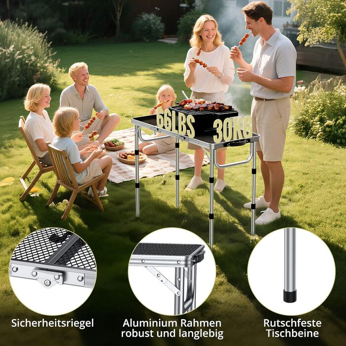 Стіл для кемпінгу Anbte Grilltisch 58x40 см, алюмінієвий каркас, регульована висота (26/48/70 см), складаний, для пікніка, BBQ, саду, балкону (срібний)