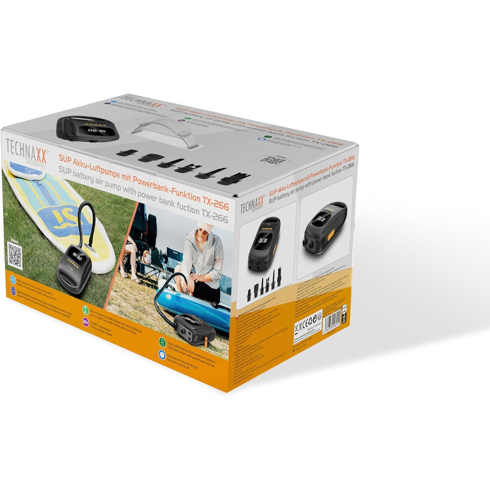 Технакс SUP-насос акумуляторний з Powerbank TX-266 7500 mAh, автоматичний вимкнення, 2 LED, USB-C, 12V, для надувних водних видів спорту