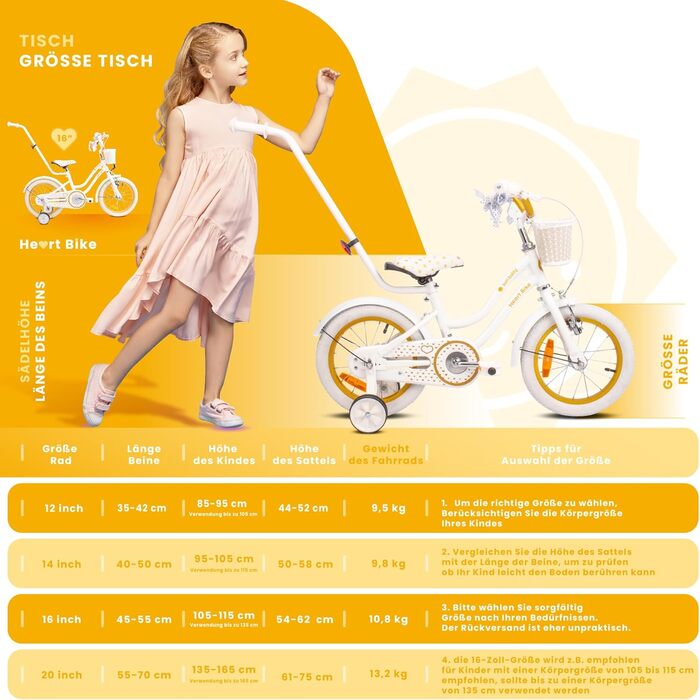Дівчача дитяча велосипед Sun Baby Heart Bike 12/14/16 дюймів, знімний ручка-штовхач, для дітей 2-6 років (білий золото, 16 дюймів)