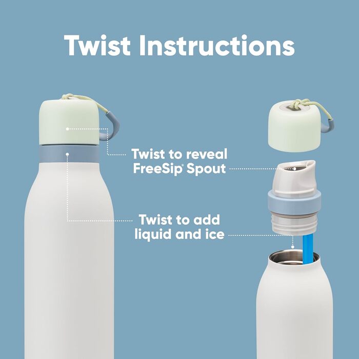 Термобутилка FreeSip Twist з нержавіючої сталі з соломинкою, 680 мл, для спорту і подорожей, BPA-free, зелено-біла (Iced Breeze)