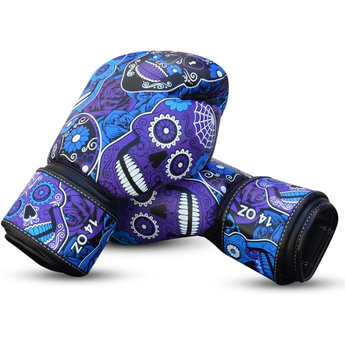 Боксерські рукавички BUDDHA FIGHT WEAR Fantasy Luzbel 14 унцій, пурпурні, для муай-тай та кікбоксингу, якісна штучна шкіра, антимікробна підкладка, посилені шви, різні дизайни