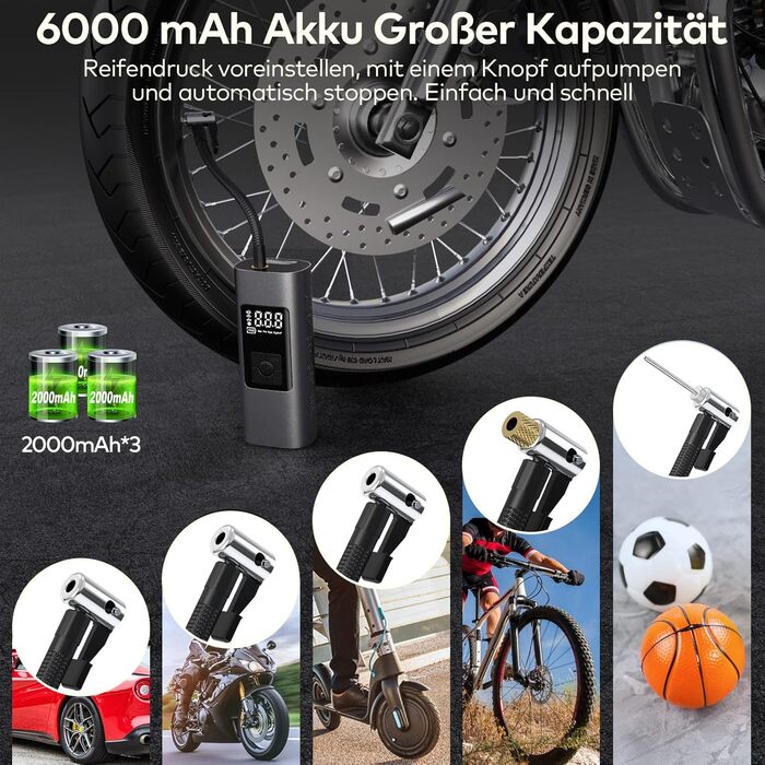 Електрична портативна насос-помпа Wistrue 150PSI з акумулятором 6000mAh, цифровим LCD-дисплеєм та функцією Powerbank для велосипедів, авто, мотоциклів і м'ячів