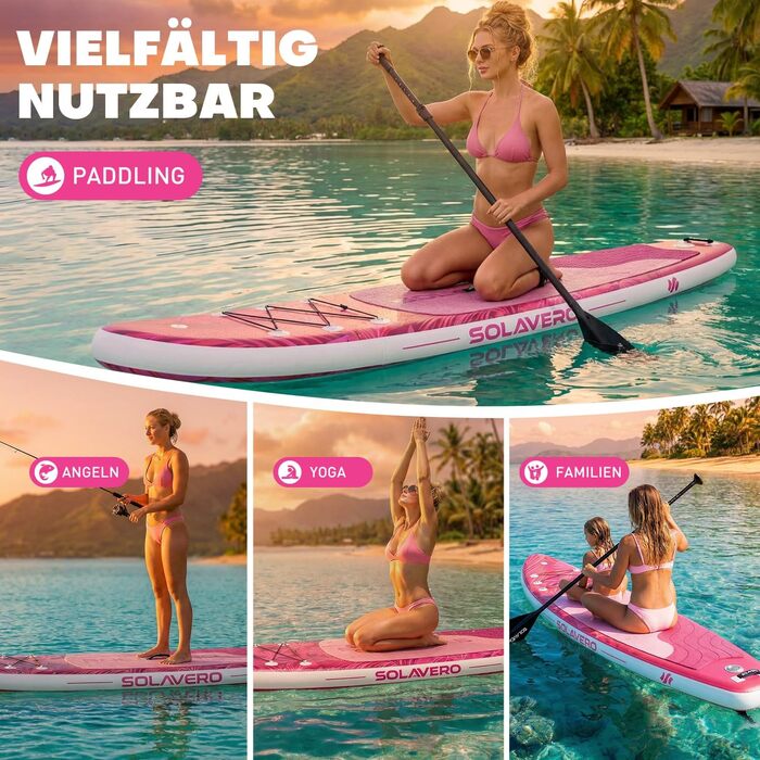 SUP дошка Solavero надувна з комплектом, 323x83x15 см, до 200 кг, рожевий джунглі - для початківців та сімей