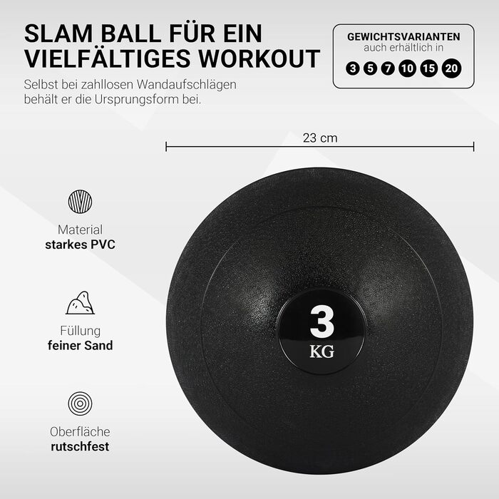 MSPORTS Slam Ball Premium, медичний м'яч 3 кг, чорний, для кросфіту, фітнесу, стінових вправ