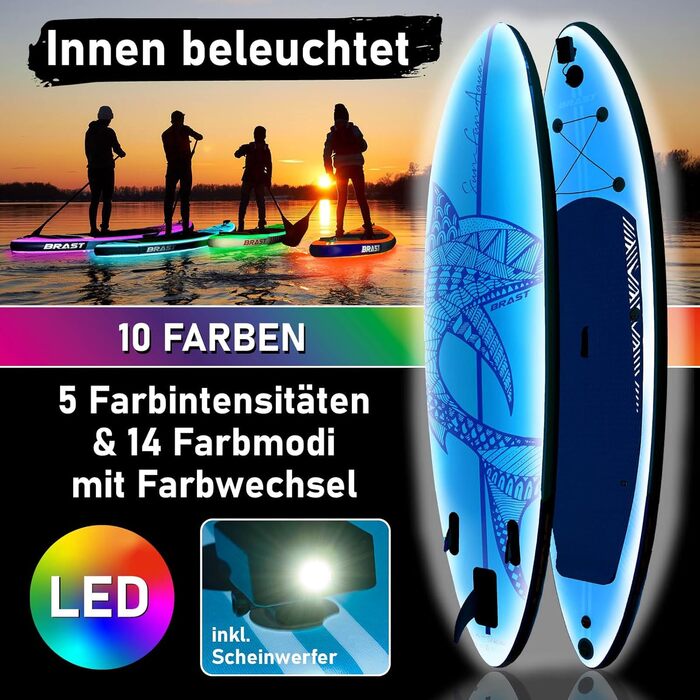 Надувний SUP Board BRAST з LED-підсвіткою | Комплект для станд-ап паддлінгу | 320x81x15см | 4 дизайни | LED-підсвічування (10 кольорів) | 5 років гарантії | 2в1 (каяк, сидіння) | Тримач для Action-Cam | Петля для ноги (Shark Blue)