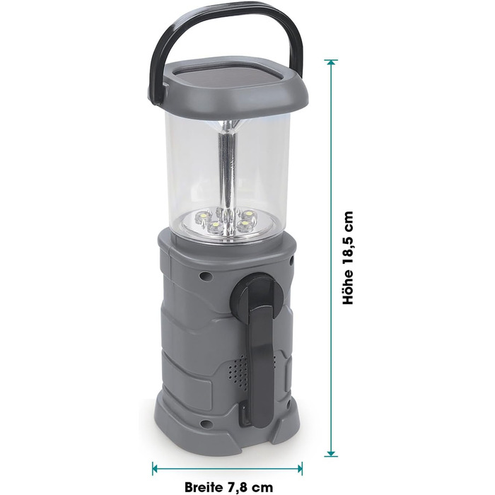 Сонячна лампа EASYmaxx з радіо | Радіо та ліхтар для надзвичайних ситуацій з ручним приводом | LED ліхтарик ідеально підходить для відпочинку на природі, кемпінгу та виживання | Повторно заряджається за допомогою сонячної енергії, ручного приводу та USB [