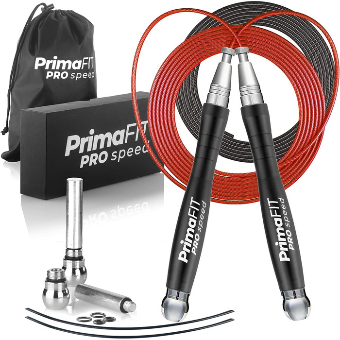 Скакалка PrimaFIT для дорослих, професійна, 3 м, зі змінними вагами, 2 підшипники, нековзні ручки, для боксу, MMA, кросфіту, сталева, чорна, з сумкою