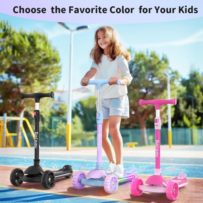 Дитячий самокат BELEEV A9 з 3 коліс для дітей 3-12 років, складаний, з LED-підсвіткою коліс та деки, регульована висота, фіолетовий