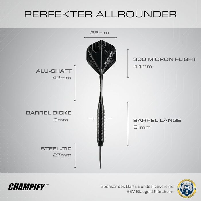 Набір дротиків сталевих 23g 'Nighthawk' з аксесуарами: 3 дротики, 6 стержнів, пір'я. Чорні дротики для гри в дартс