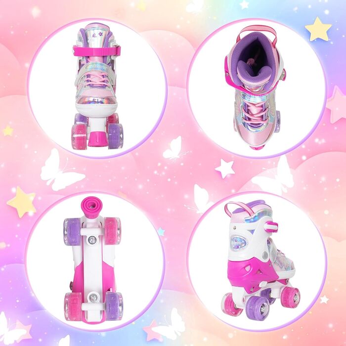 Дитячі ролики Nattork для дівчаток та хлопчиків, 4 розміри, регульовані, ролики на 4 колесах з мотивом метеликів та квітів, подарунок на день народження для занять спортом в приміщенні та на вулиці (M (EU 32-36), Рожево-червоний)
