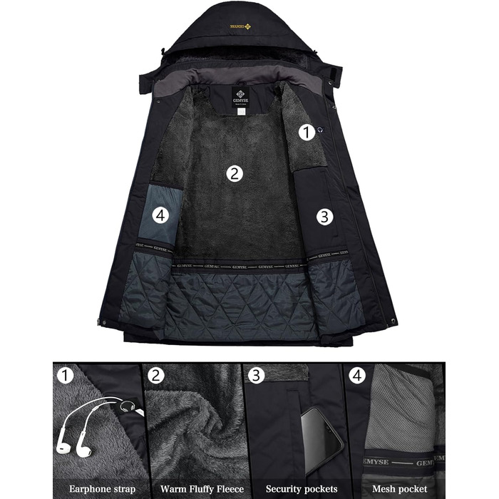 Чоловіча тепла куртка GEMYSE для катання на лижах, вітронепроникна, водонепроникна, дихаюча, з багатьма кишенями, для активного відпочинку на природі, зимова куртка з капюшоном, чорна, 3XL