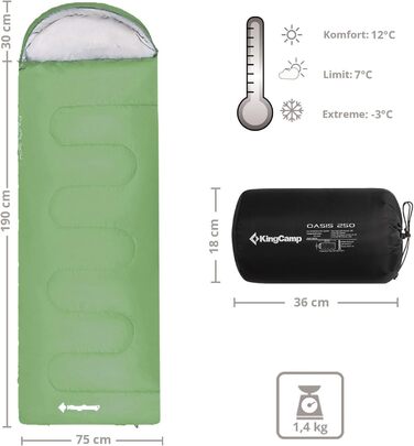 Спальний мішок KingCamp Oasis 250 - літній, для кемпінгу та відпочинку на природі, зелений, довжиною 2.2м, шириною 2.2м, температура комфорту -3°C