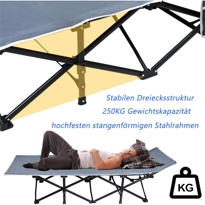 Складне кемпінгове ліжко YRHome для відпочинку на природі: надійне металеве каркас, міцна тканина Oxford 600D, з кишенею та сумкою для перенесення (190x62x38 см, до 250 кг)