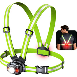 Лампа для бігу Lauflampe Joggen: нагрудна лампа з проблисковим світлом, 500 люмен, кут нахилу 45°, 2 кольори світла, USB-C, IPX4, подвійний ремінь з 360° світловідбивачами для кемпінгу, активного відпочинку, велоспорту (без заднього ліхтаря)