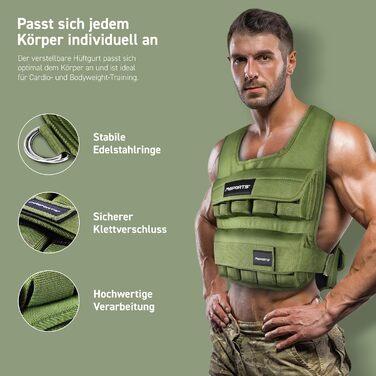 Вага для тренувань MSports Premium, регульована 5-30 кг, вага для бігу, фітнесу, силових тренувань (15 кг, Military Green)