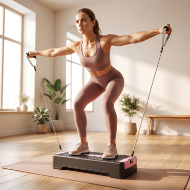 Регульована aerobic-платформа для фітнесу (2 рівні: 11/16 см) з 2 еспандерами та антиковзаним килимком, рожева
