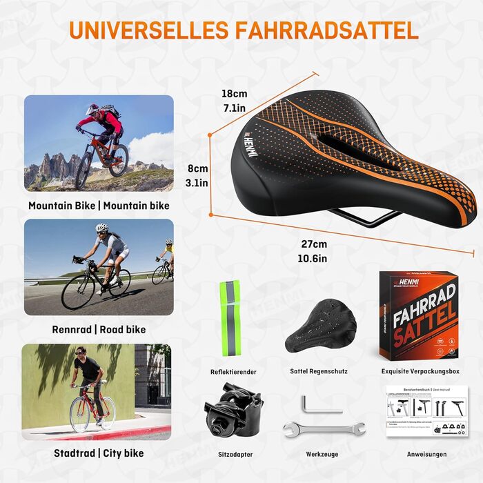 Велосипедне сідло HENMI для чоловіків та жінок: м'яке, комфортне, дихаюче, з амортизацією та ергономічним дизайном. Підходить для гірського, трекінгового та шосейного велосипедів. Гелеве сідло з підвіскою, з візерунком.
