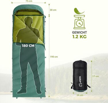 Спальний мішок ATEPA Ultraleicht Daunenschlafsack: Легкий, компактний, водонепроникний, для кемпінгу, трекінгу та рюкзакових подорожей. Комфортна температура 12°C, межа допустимої 7°C. ThermPlus Max.
