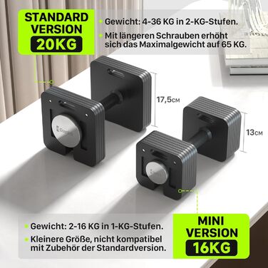 Eisenlink Регульована квадратна штанга (гантель) 1 шт. 20 кг / 36 кг - Інноваційна компактна регульована гантель з антиковзним руків'ям для фітнесу, тренувань у залі та вдома. 1 шт. 16 кг (1×16 кг)