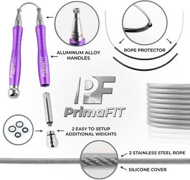 Скакалка PrimaFIT для дорослих, фітнес, професійна, 3м, регульована з обважнювачами, 2 підшипники, антиковзні ручки, для боксу, MMA, кросфіту, сталевий трос, чохол, фіолетова