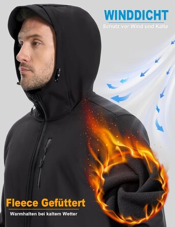 Чоловіча куртка Softshell TACVASEN: водонепроникна outdoor куртка з флісовою підкладкою, вітрозахисна та дихаюча куртка-вітровка з капюшоном для роботи, велосипеда та походів, L, чорна