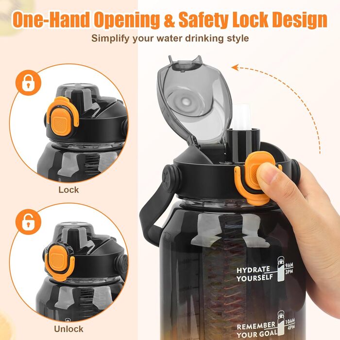 Спортивна пляшка для води MOMSIV 2L з трубочкою та контейнером для фруктів, з позначками часу, чорно-помаранчевого кольору, BPA-Free, для фітнесу, кемпінгу, йоги