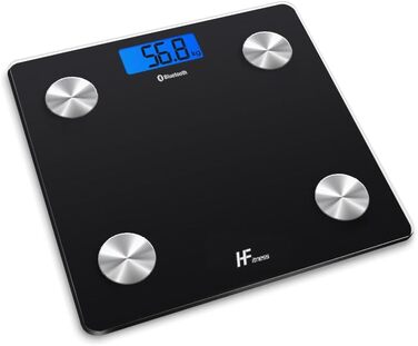 Інтелектуальна вага для тіла з Bluetooth, HFitness, вимірювання жиру, BMI, iOS/Android, чорний колір з блакитною підсвіткою