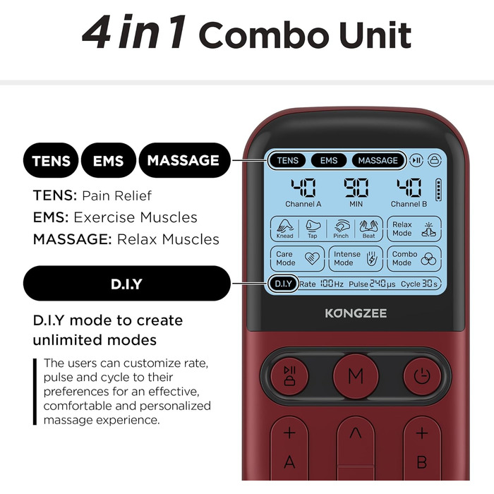 Пристрій 4-в-1 для домашнього використання EMS, масажер для стимуляції м'язів та нервів, терапевтичний апарат TENS з двома каналами для зняття болю, схвалений FDA, з 12 електродних подушечок (червоний)