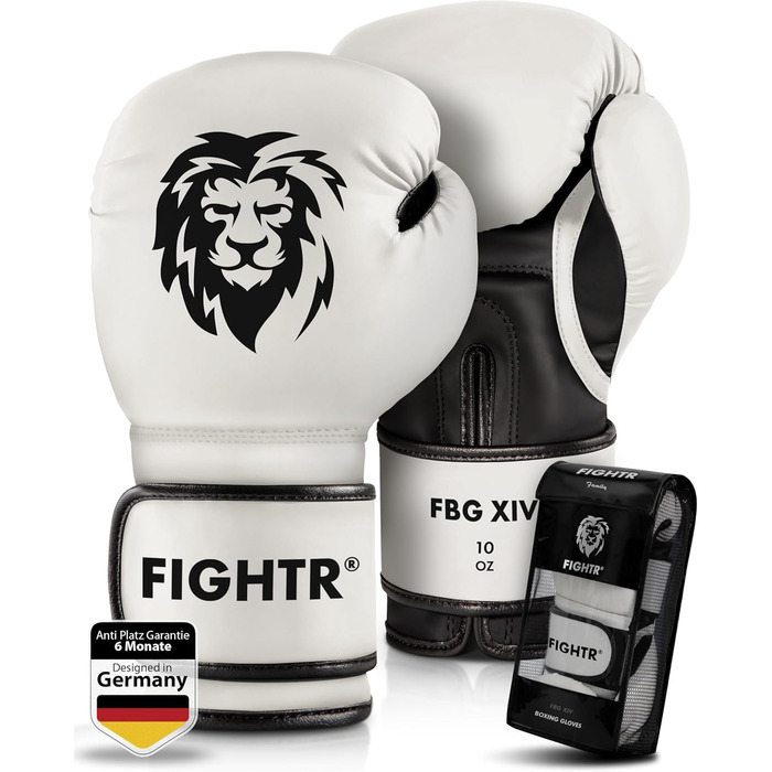 Боксерські рукавички FIGHTR 14 oz, біло-чорні, максимальний захист і стабільність, для боксу, ММА, муай-тай та кікбоксингу, з чохлом