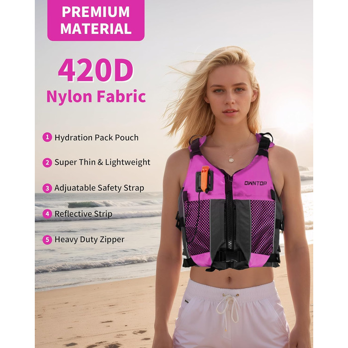 Рятувальний жилет Owntop для дорослих та юнаків з пискликом та рюкзаком для води, сітчастими кишенями, регульований, легкий, унісекс, для SUP, каякінгу, риболовлі, всіх водних видів спорту, рожевий, XS/S (40-60 кг)