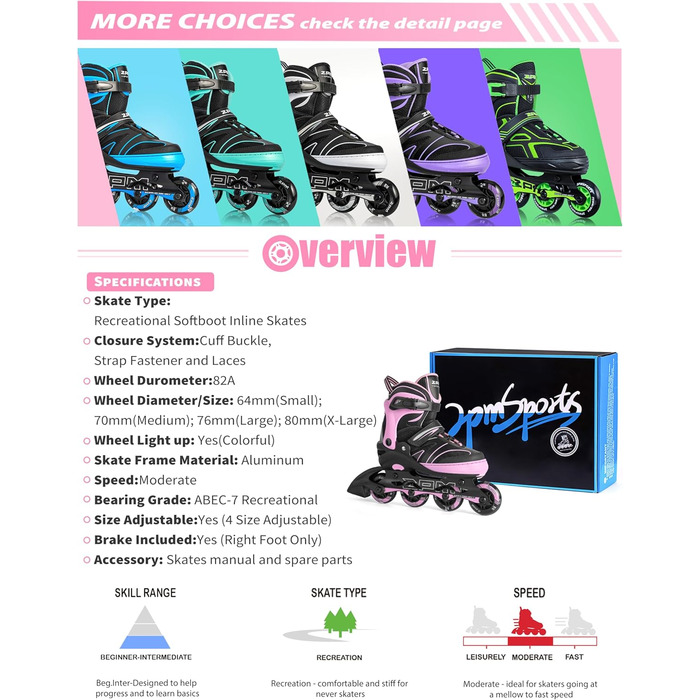 Дитячі ролики 2PM SPORTS з регульованим розміром для дівчаток та хлопчиків, ролери з колесами 82A PU, зелені (рожеві), розмір Small (EU 30-33)