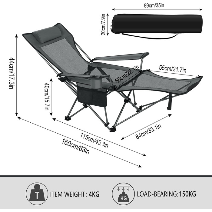 Складний стілець для кемпінгу eSituro: рибальський, пляжний з підставкою для ніг та тримачем для напоїв, сірий