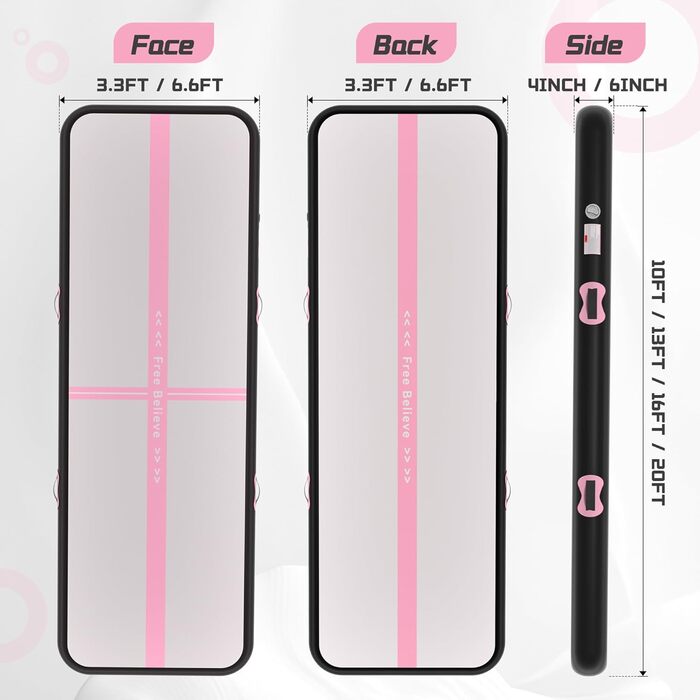 Надувна гімнастична мат для тренувань з насосом, 10.2-15.2 см товщина, для челідингу/йоги/паркуру/пляжу/парку/води (чорний/рожевий, 3м*1м*0.1м)