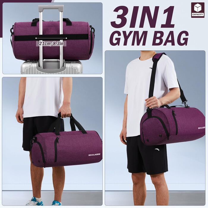 Спортивна сумка для жінок і чоловіків 35 л, дорожня сумка Duffel з відділенням для взуття та вологих речей, водонепроникна ручна поклажа для спортзалу, плавання, фіолетова