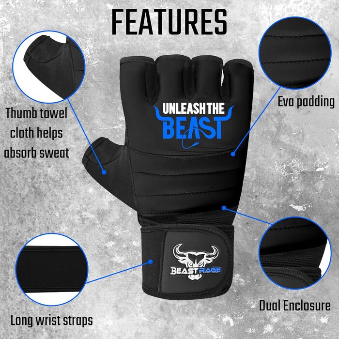 Боксерські рукавички BEAST RAGE для кікбоксингу, карате, тхеквондо. Напівпальцеві рукавички для чоловіків та жінок (XXL, чорний/синій)