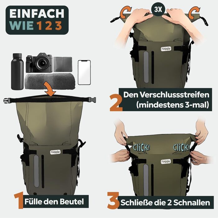 Водонепроникний рюкзак Ruqqle 45 л, RollTop, 3 зовнішні кишені, для пляжу, човнів, каяків, подорожей, кемпінгу, риболовлі та мотоциклів (Блакитний)