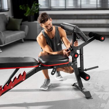 Регульована лавка Hop-Sport HS-1095 з підставкою для штанги та пюпітром для біцепса – тренувальна лава для жиму лежачи