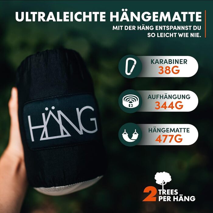 Гамак HÄNG XXL 300x170 см для 2 осіб – вуличний, водостійкий, ультралегкий (850г), вантажопідйомність 200 кг. З парашутної тканини для кемпінгу, подорожей та саду + комплект кріплень (Чорно-білий)