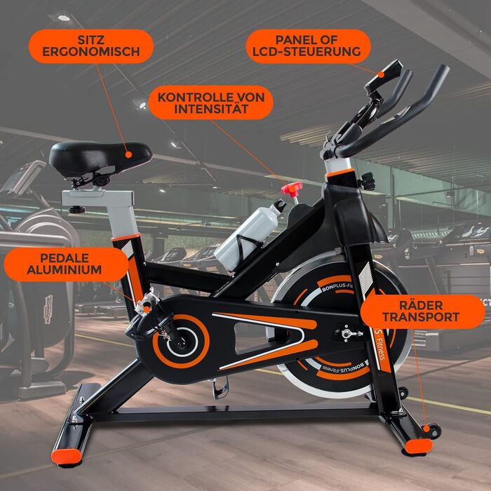 Велотренажер Bonplus BP - Indoor Fitness Bike з регулюванням навантаження та пульсометром, висота сидіння 76-98 см, маховик 10 кг