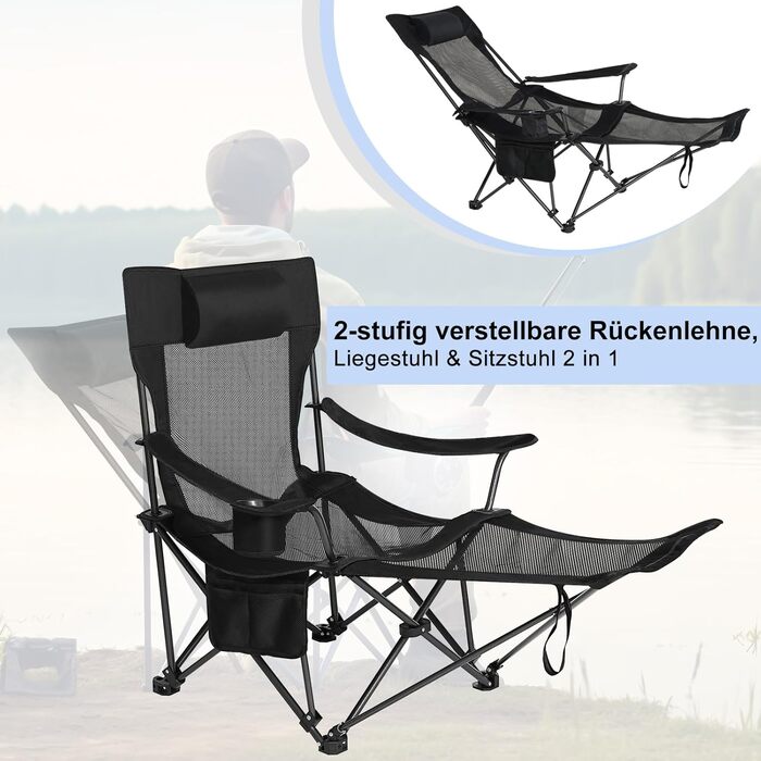 Складний стілець для кемпінгу eSituro, риболовний стілець, стілець для відпочинку на природі з підставкою для ніг та тримачем для напоїв, пляжний стілець з регульованою спинкою (Чорний)