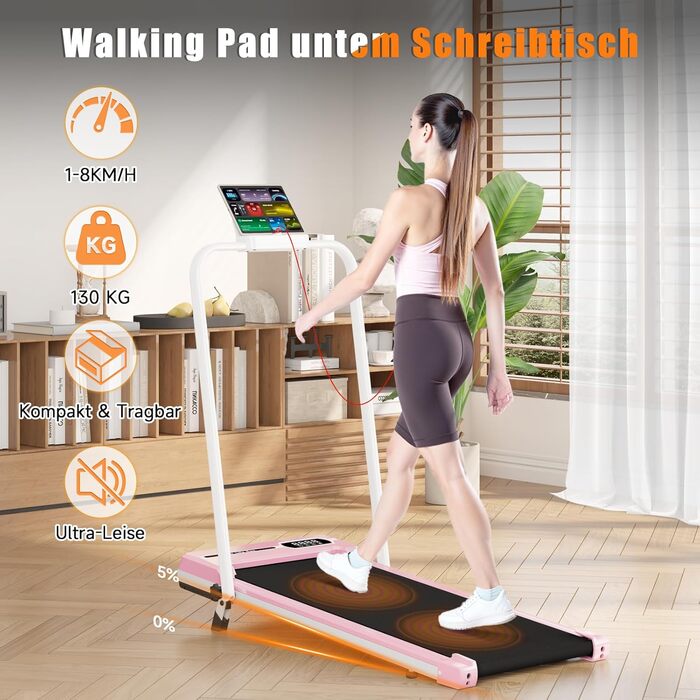 Біговий доріжки Dskeuzeew складний з нахилом - 4 в 1 Walking Pad з 5% нахилом для дому, рожевий